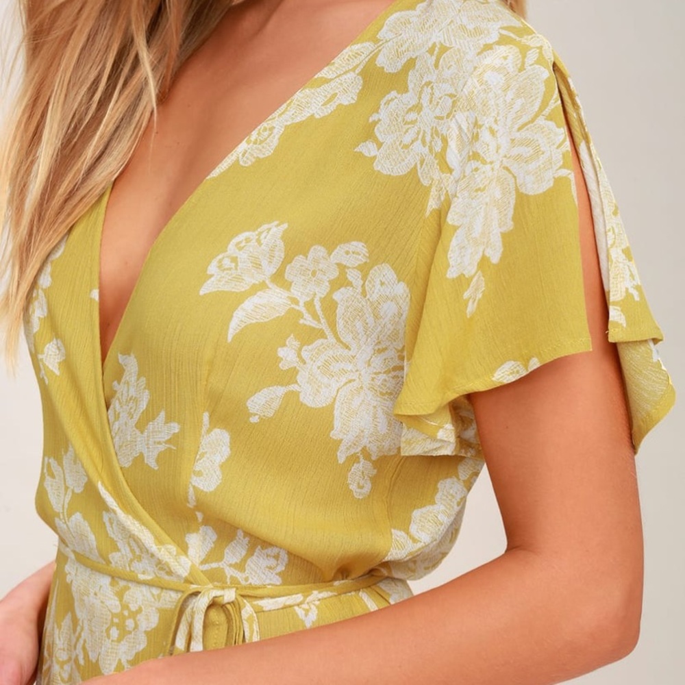 YELLOW FLORAL PRINT WRAP MAXI DRESS